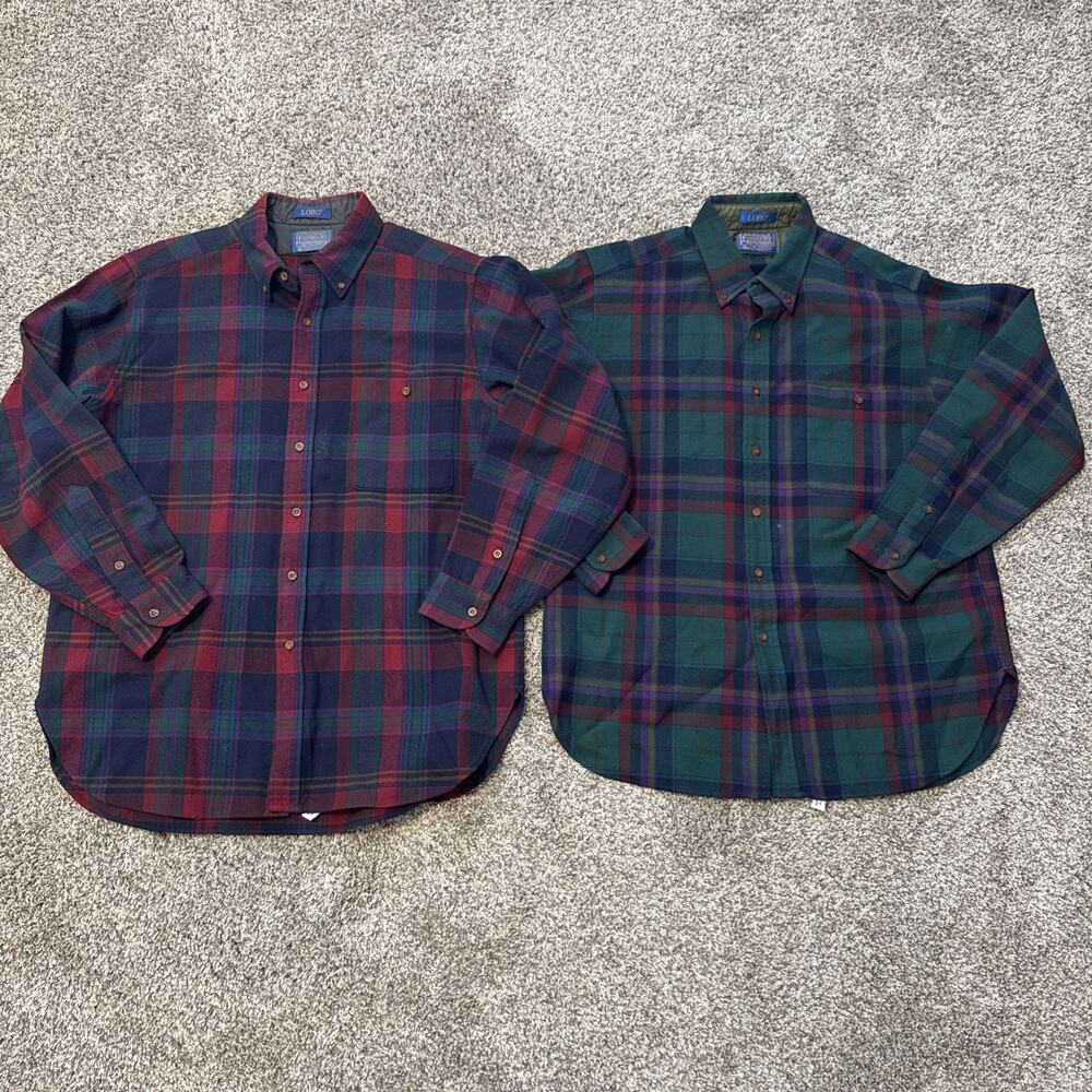 Lot Of 2 Pendleton Men's L Lobo Red/Green/Blue Plaid Button up Shirts 100 Wool